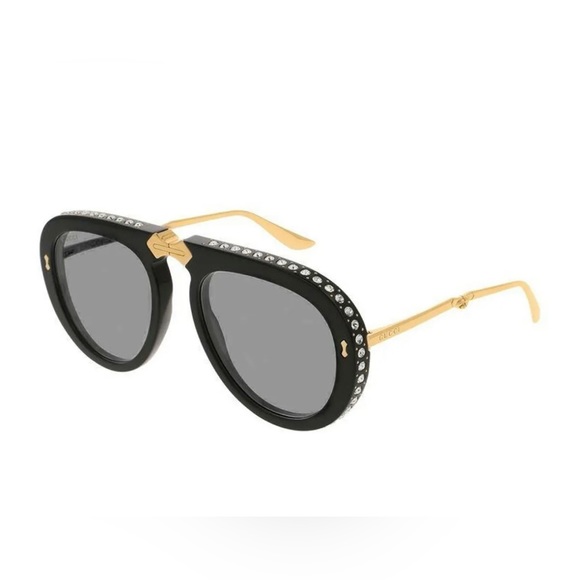 Gucci Black Crystal Studded / Grey Foldable Pilot Aviator Sunglasses - Picture 3 of 9